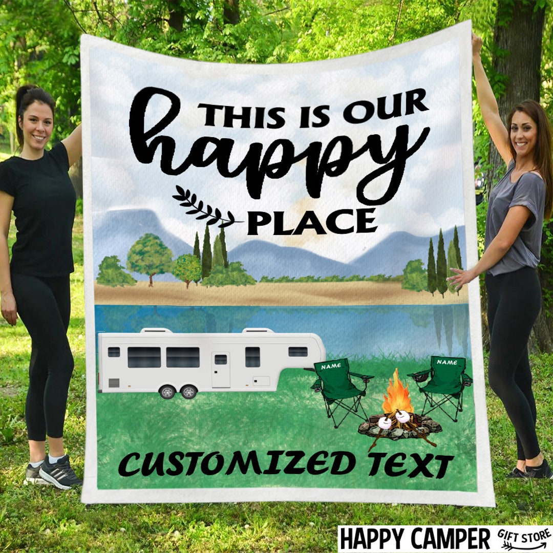 Personalized Happy Place Camper Blanket, Sherpa Camping Throw, Camper