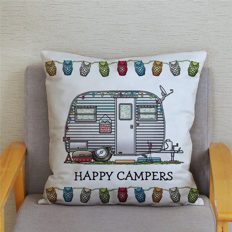 Happy Campers Retro Caravan Cushion Cover, Camper Gift, Traveller Gift