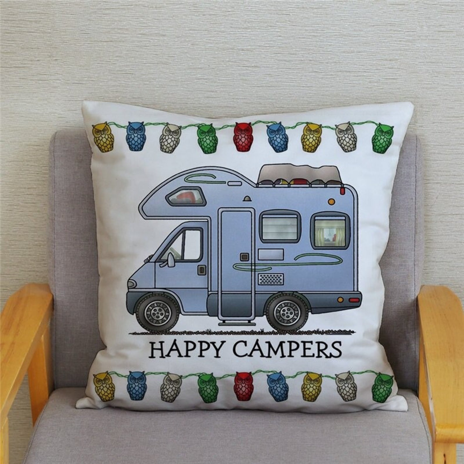 Happy Campers Motorhome Cushion Cover, Camper Gift, Traveller Gift for