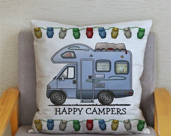 Happy Campers Motorhome Cushion Cover, camper gift, traveller gift for campers, wanderlust pillow, camper van décor, caravan accessories