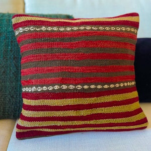 Vintage Turks kelimkussen: gestreepte boho-kussenhoes (16 x 16 in)