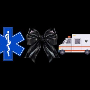 May include: A blue star of life medical symbol, a black bow, and a white ambulance with a red stripe and a red star of life symbol.