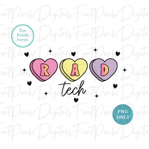 Puede incluir: Un diseño digital con tres caramelos en forma de corazón que deletrean "RAD" en rosa, amarillo y morado, con la palabra "tech" debajo. El diseño incluye corazones y estrellas negras, y el texto "PNG ONLY".