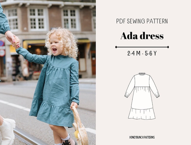 May include: PDF sewing pattern for an Ada dress for children sizes 2-4 months and 5-6 years. The pattern includes a line drawing of the dress with long sleeves and a gathered skirt.