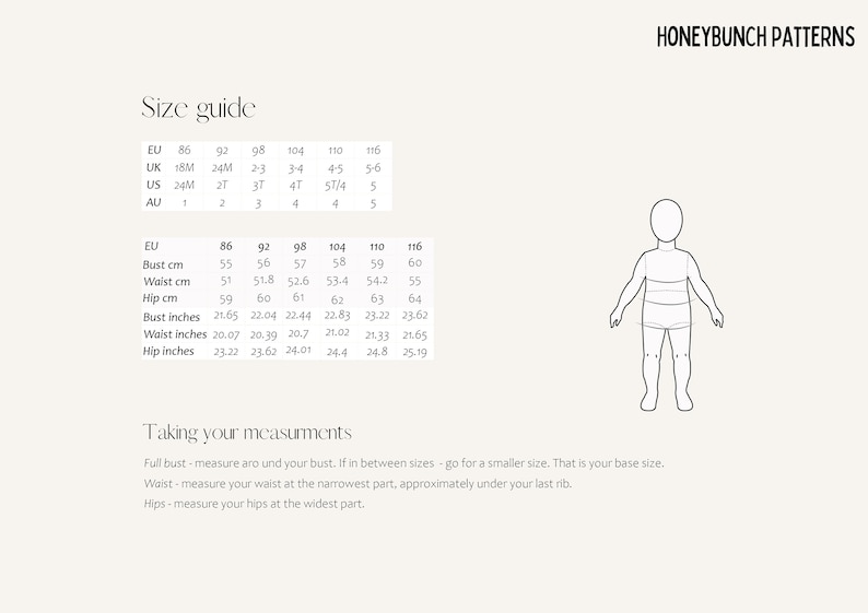 May include: Size chart for children's clothing with measurements in inches and centimeters. The chart includes bust, waist, and hip measurements for sizes EU 86 to 116.