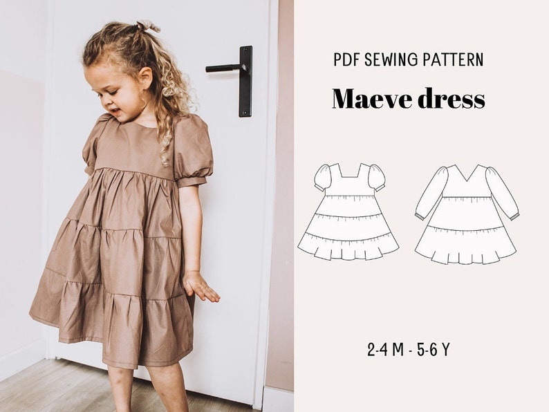 May include: PDF sewing pattern for a Maeve dress for children. The pattern includes two styles: one with short sleeves and a square neckline, and one with long sleeves and a V-neckline. The pattern is available in sizes 2-4 months to 5-6 years.