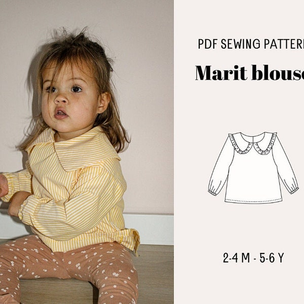Marit blouse, Beginner Pattern Girls Birthday Outfit, big collar, linen, cotton, puff sleeve blouse, PDF sewing pattern, big puffed sleeve
