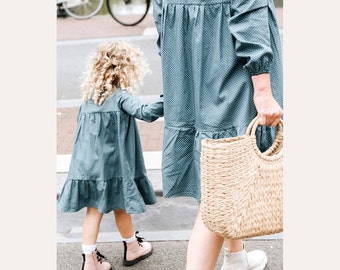 Familie bijpassende herfst moeder dochter jurk naaipatroon, volledige mouw mama et dochter jurk, naaipatroon moeder & meisjes jurk