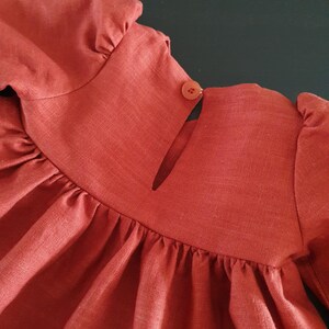 May include: A rust-colored linen dress with a button closure at the back of the neck. The dress has long sleeves and a gathered skirt.