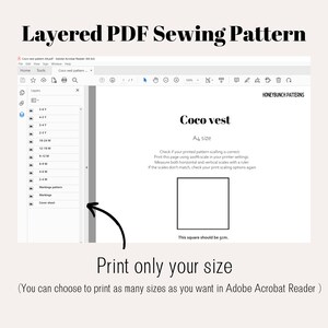 May include: A layered PDF sewing pattern for a Coco vest. The pattern includes instructions for different sizes, from 2-3 years to 18-24 months. The pattern is designed to be printed on A4 paper and includes a 5 cm square to check the print scaling.