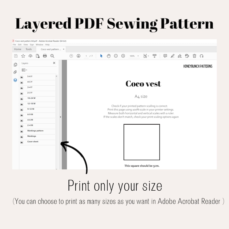 May include: A layered PDF sewing pattern for a Coco vest. The pattern includes instructions for different sizes, from 2-3 years to 18-24 months. The pattern is designed to be printed on A4 paper and includes a 5 cm square to check the print scaling.