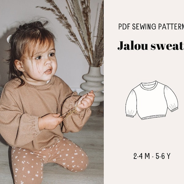 Jalou Sweater, downloadbaar pofmouwenpatroon voor kinderen, handgemaakte DIY-trui, meisjestruipatroon, babykledingpatroon, vestpatroon