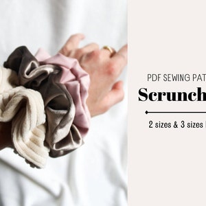 May include: PDF sewing pattern for scrunchies in two sizes with three sizes of bows. The image shows three scrunchies in different colors and fabrics: beige corduroy, brown velvet, and pink satin.