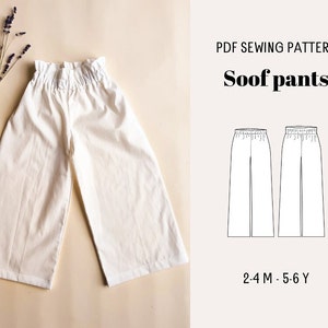 Modello di cucito digitale PDF per loungewear, modello di cucito per sacchetti di carta a gamba larga, modello di pantaloni per bambini, pantaloni a gamba larga facili, modelli di pantaloni