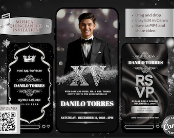 Black and Silver Quinceañero Invitation Template | Musical Video Invite (Digital Download)