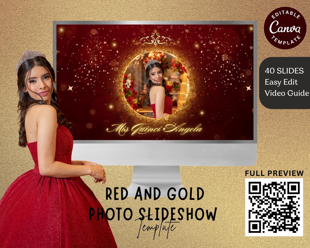 Red and Gold Quinceañera Slideshow Template Editable Canva Video