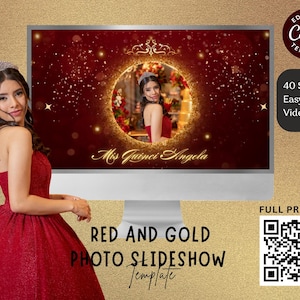 May include: A red and gold photo slideshow template with the text "Mis Quinci Angela". The template includes 40 slides and an easy-edit video guide. The image features a woman in a red dress and a tiara.