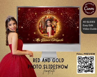 Red and Gold Quinceañera Slideshow Template | Editable Canva Video |  Photo Video for Reception I  Editable Digital Keepsake