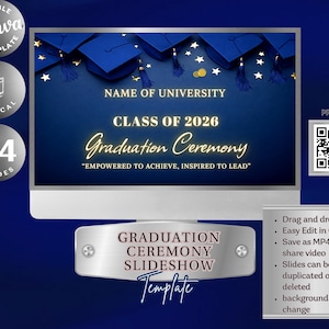 Op de afbeelding: Een digitale sjabloon voor een afstudeerceremonie-diavoorstelling met een marineblauwe achtergrond. Het ontwerp bevat afstudeerhoeden, sterren en de tekst "Klasse van 2026" en "Afstudeerceremonie". De sjabloon is bewerkbaar in Canva.