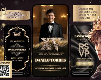 Black Gold Quinceañero Invitation Template | Musical Video Invite (Digital Download)
