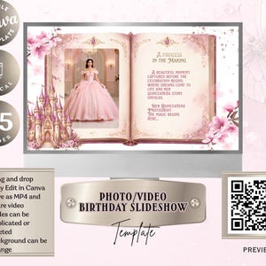 May include: A digital birthday slideshow template featuring an open book design with a pink castle illustration, floral accents, and text that reads A Princess in the Making. The template includes 65 slides, musical elements, and a QR code for preview.