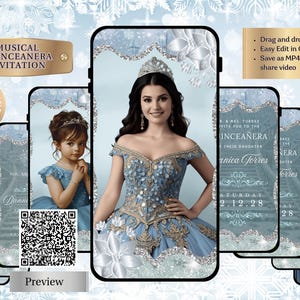 May include: Digital quinceañera invitation template. The design features a woman in a blue gown and a young girl in a blue dress. The text includes "Musical Quinceañera Invitation" and "Editable Canva Template".