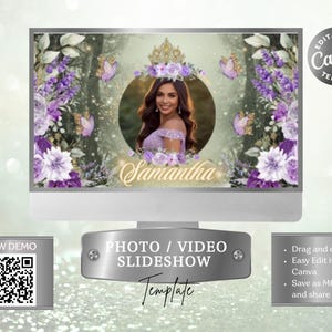 May include: A digital photo/video slideshow template displayed on a computer monitor. The design features a woman's portrait surrounded by purple flowers, butterflies, and the name "Samantha." The template includes the text "Photo/Video Slideshow Template" and "Editable Canva Template."