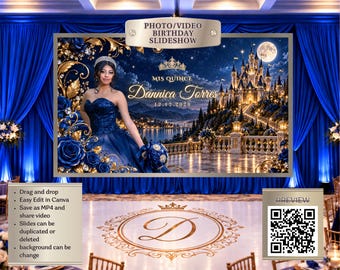 Quinceañera Slideshow Template | Editable Canva Video |  Photo Video for Reception I  Editable Digital Keepsake  |  Royal Blue