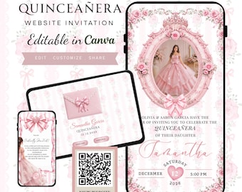 Quinceanera Website Invitation |  Musical Quinceañera Website Template Editable Digital |  Sweet 16 Pink