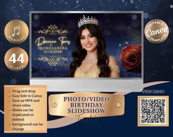 Quinceañera Slideshow Template, Editable Canva Slides, Gold Navy Princess Video, Photo Video Montage, Musical Sweet 15 / 16 Template