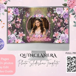 May include: A computer monitor shows a quinceañera photo slideshow template. The screen displays a photo of a young woman in a pink dress, surrounded by floral and butterfly graphics. Text includes "Samantha" and "Quinceañera Photo Slideshow Template."
