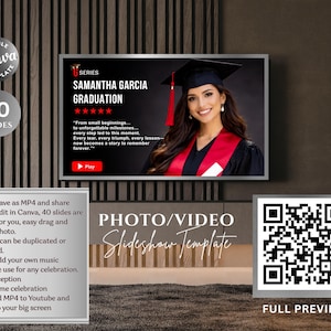 Op de afbeelding: Een digitale diavoorbeeldsjabloon voor afstuderen, met een foto van een afgestudeerde in toga en baret. De sjabloon bevat 40 dia's en is bewerkbaar in Canva. Tekst op het scherm luidt "Samantha Garcia Graduation."