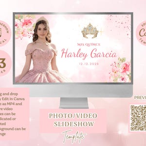 Könnte beinhalten: Ein Computermonitor zeigt eine rosa Foto-/Video-Diashow-Vorlage für eine Quinceañera. Die Vorlage enthält ein Foto einer jungen Frau in einem rosa Kleid, florale Akzente und den Text "Mis Quince Harley Garcia 12.12.2028". Zusätzlicher Text lautet "43 Folien" und "Bearbeitbare Canva-Vorlage".