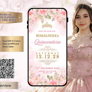Animierte Quinceaëra Save the Date | Bearbeitbares Canva Video |  Bearbeitbar Digital |  Save the Date Quitte Sweet 16 Floral