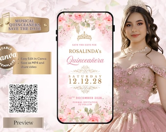 Animated Quinceañera Save the Date | Editable Canva Video |  Editable Digital |  Save the Date Quince Sweet 16 Floral