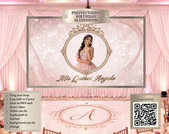 Quinceañera Slideshow Template | Editable Canva Video |  Photo Video for Reception I  Editable Digital Keepsake  |  Pink Sparkles