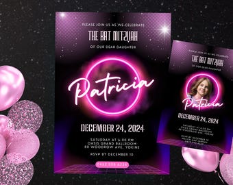 Neon Pink Bat Mitzvah Invitation with logo editable Canva File LED Light Design