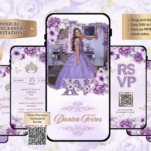 Puede incluir: Plantilla digital de invitación de quinceañera con una joven en un vestido lavanda, detalles florales, el texto "XV" y detalles del evento. Editable en Canva.