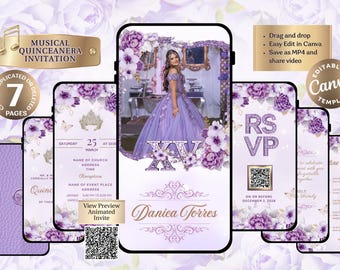 Purple and Gold Animated Quinceanera Invitation Template with Photo| Editable Canva Video |  Editable Digital |  Rosegold