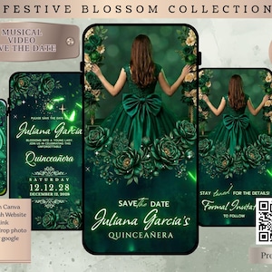 May include: A digital invitation template set for a Quinceañera featuring a dark green theme with floral accents. The design includes text such as Festive Blossom Collection, Save The Date, Juliana Garcia, and 12.12.28, alongside a QR code.
