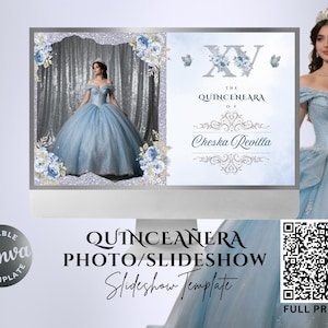 Może przedstawiać: Jasnoniebieski szablon zdjęć/pokazu slajdów quinceañera z kobietą w niebieskiej sukni. Szablon zawiera tekst "The Quinceañera of Cheska Revilla". Projekt zawiera kwiatowe akcenty i kod QR.