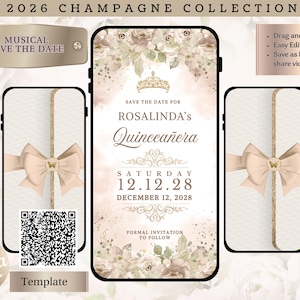 May include: Digital template for a Quinceañera invitation, featuring a floral design and the text "Save the Date for Rosalinda's Quinceañera." The design includes a bow, a QR code, and the date: December 12, 2028.