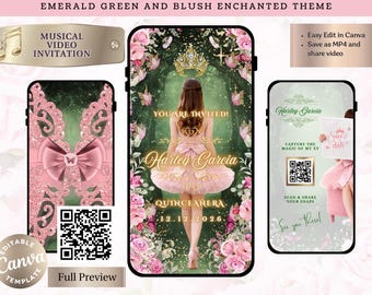 Blush and Emerald Green Enchanted Forest Quinceanera Invitation Template | Editable Canva Video |  Editable Digital