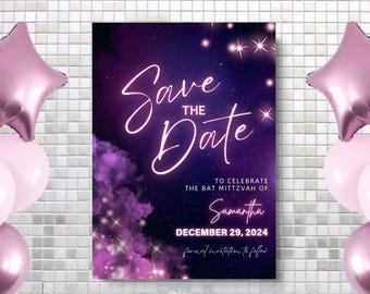 Neon Pink Purple Bat Bar Mitzvah Save the Date Editable Template Neon Burst