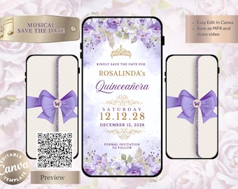 Guardar la fecha de Quinceañera Animado / Video editable en Canva / Video digital editable / Guardar la fecha Quince Dulces 16 Morado Lila