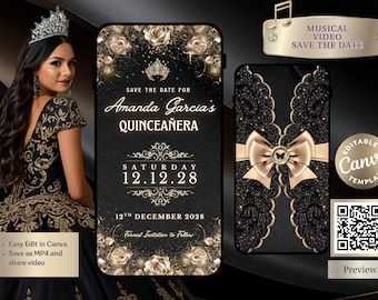Black and Champagne Gold Quinceañera Save the Date Template | Musical Video Announcement (Digital Download)