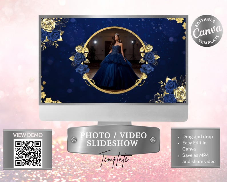 Blue and Gold Quinceañera Slideshow: Editable Canva Template (digital ...