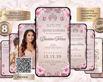 Animated Quinceanera Invitation Template | Editable Canva Video |  Editable Digital |  Royal Rosegold