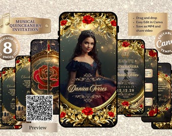 Animated Black Gold and Red Quinceanera Invitation Template | Editable Canva Video |  Editable Digital