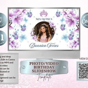Op de afbeelding: Een digitale foto/video diavoorstellingsjabloon voor een quinceañera. Het ontwerp bevat een foto van een jonge vrouw, bloemen- en vlinderaccenten en de tekst "Mis Quince" en "Dannica Torres". Bevat een QR-code en de tekst "Foto/Video Verjaardag Diavoorstelling".